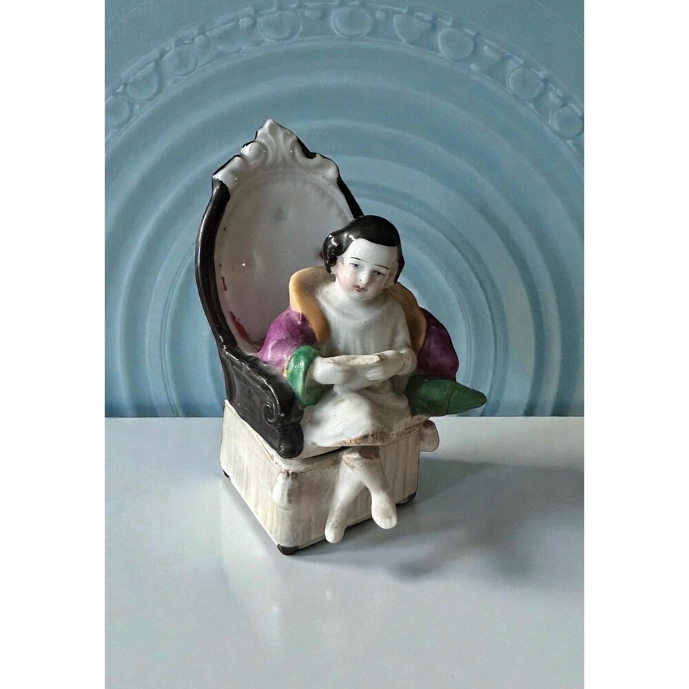 Antique Victorian Porcelain Fairing Trinket Box – Girl in Chair Figurine
